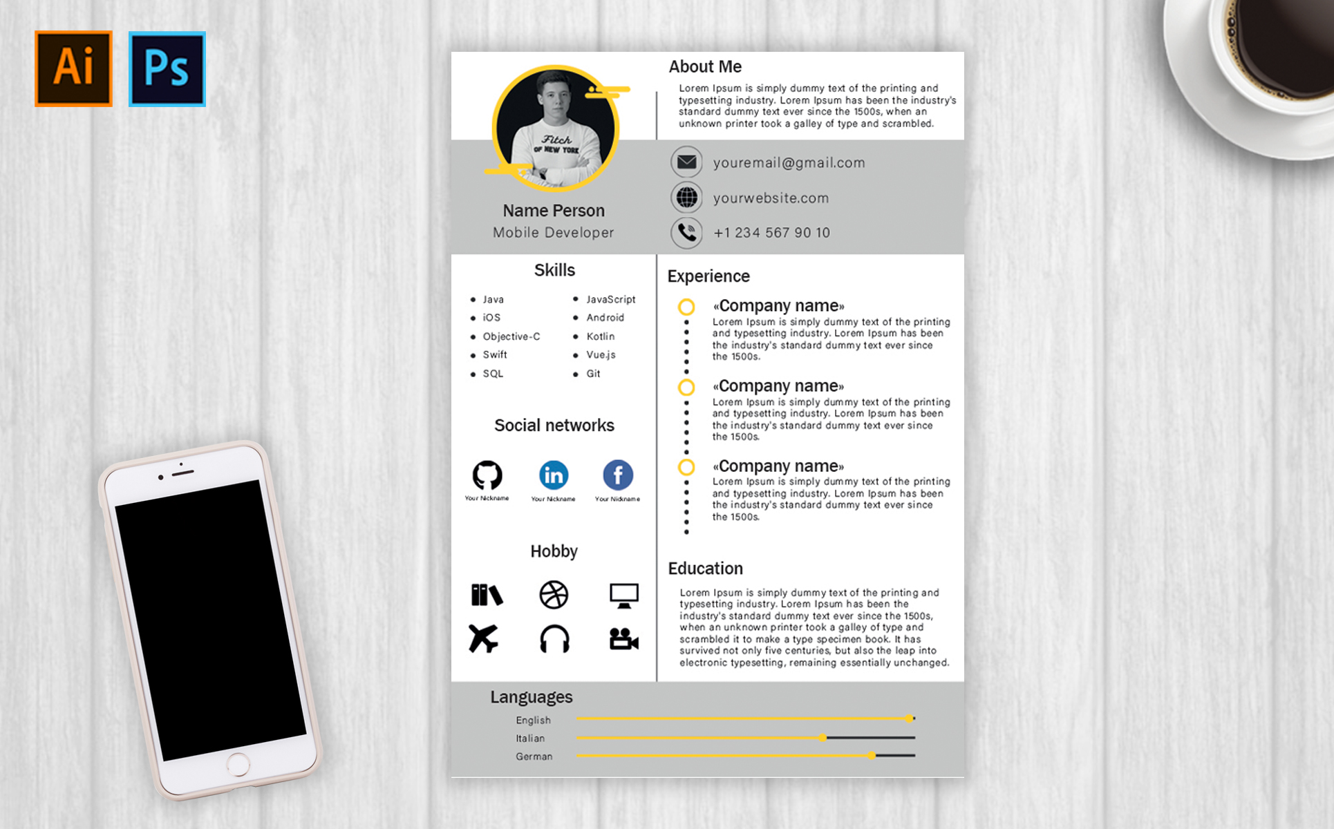 Download Резюме "for mobile developer / PSD / AI / ESP Resume Template" / for mobile developer / PSD / AI / ESP Resume Template - Резюме на тему графика mobile,developer,resume,template,ai,psd,esp,300dpi,cmyk,fonts,used