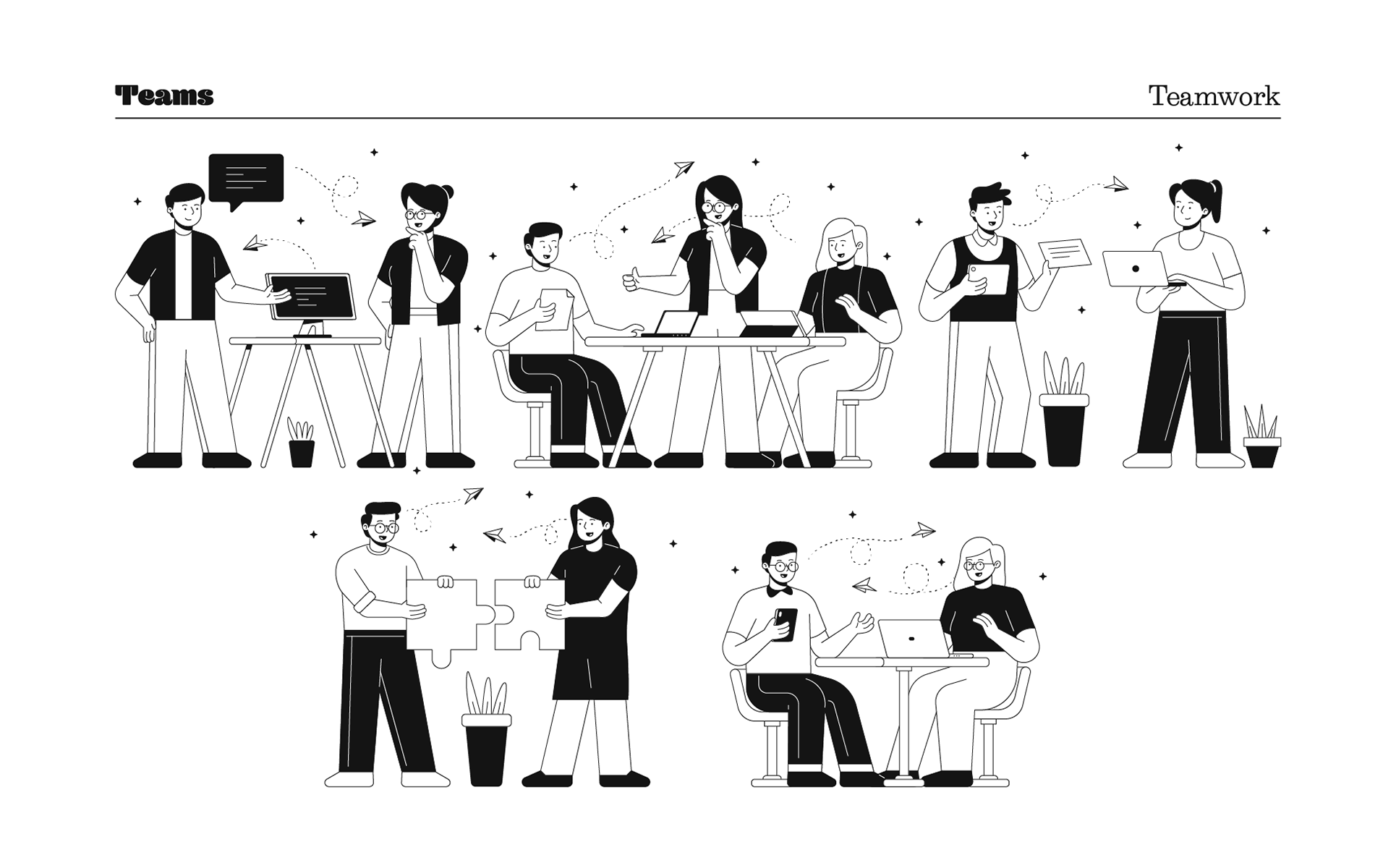 Download Иллюстрация "Teams - Illustration" / Teams - Illustration - Иллюстрация на тему графика team,teamwork,brainstorm,collaboration,meeting,workflow,work,project,startup,business,vector,figma,sketch,illustration,outline,stroke,line