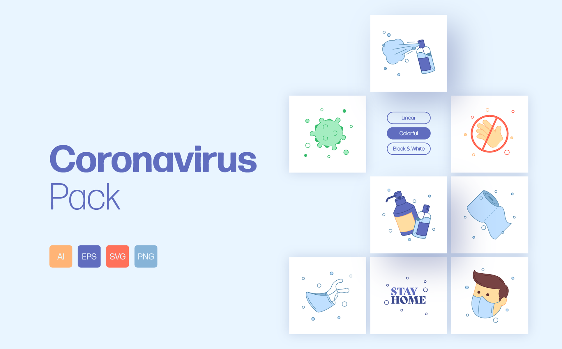 Download Иллюстрация "Coronavirus Pack - Illustration" / Coronavirus Pack - Illustration - Иллюстрация на тему графика coronavirus,virus,medicine,quarantine,mask,antiseptic,spray,bottle,face,hand,stay,home,covid,toilet,paper