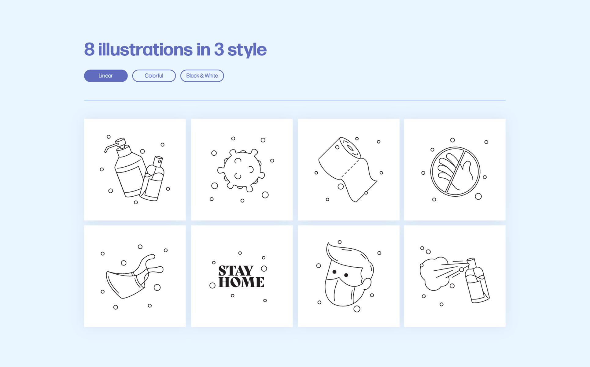 Download Иллюстрация "Coronavirus Pack - Illustration" / Coronavirus Pack - Illustration - Иллюстрация на тему графика coronavirus,virus,medicine,quarantine,mask,antiseptic,spray,bottle,face,hand,stay,home,covid,toilet,paper