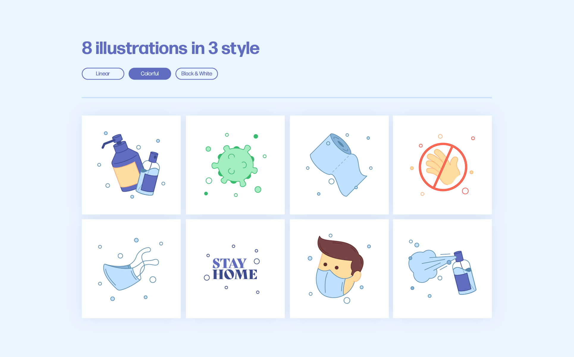 Download Иллюстрация "Coronavirus Pack - Illustration" / Coronavirus Pack - Illustration - Иллюстрация на тему графика coronavirus,virus,medicine,quarantine,mask,antiseptic,spray,bottle,face,hand,stay,home,covid,toilet,paper