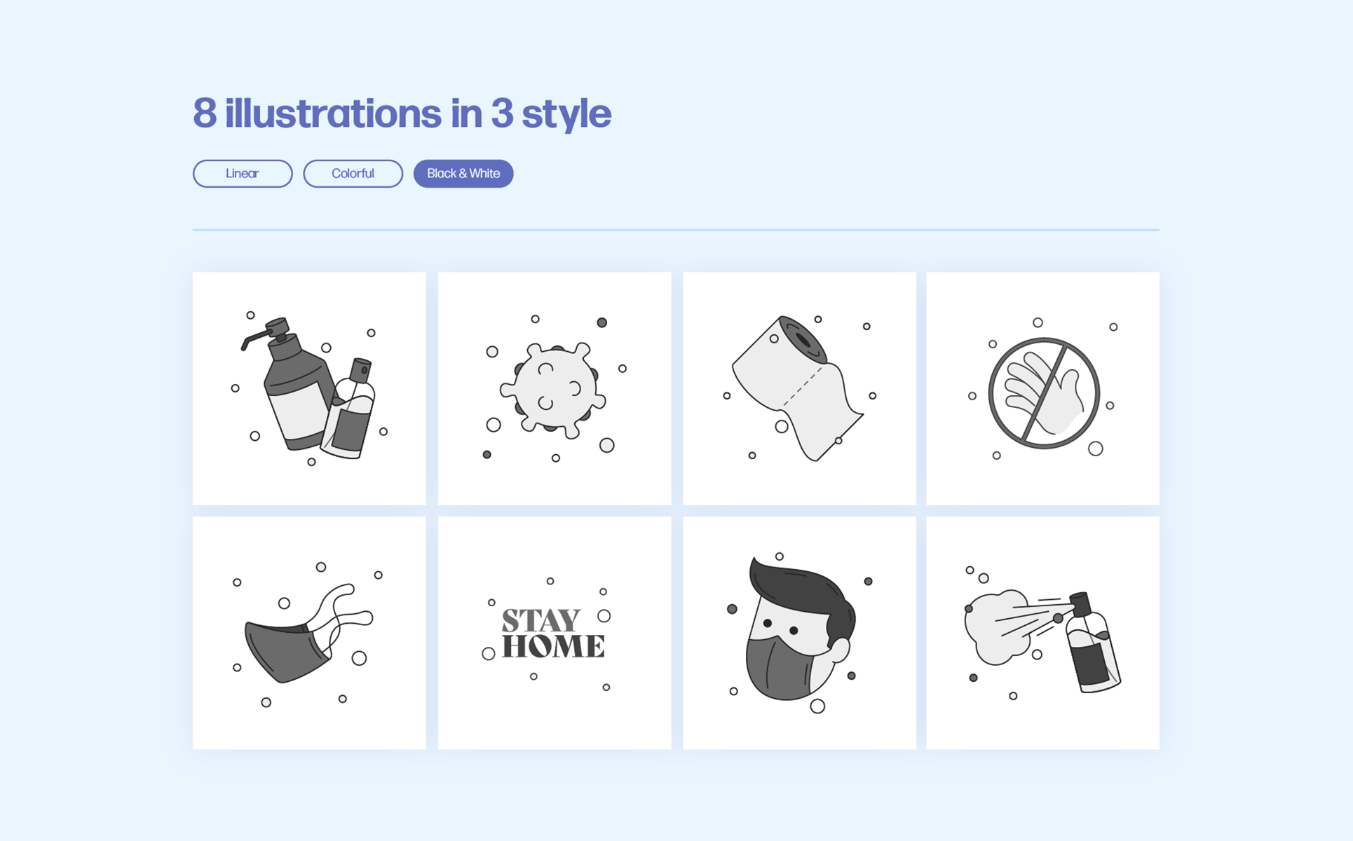 Download Иллюстрация "Coronavirus Pack - Illustration" / Coronavirus Pack - Illustration - Иллюстрация на тему графика coronavirus,virus,medicine,quarantine,mask,antiseptic,spray,bottle,face,hand,stay,home,covid,toilet,paper