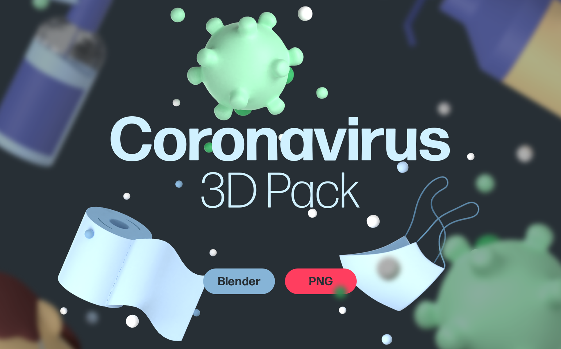 Download Иллюстрация "Coronavirus 3D Pack - Illustration" / Coronavirus 3D Pack - Illustration - Иллюстрация на тему графика blender,png,coronavirus,virus,medicine,mask,face,spray,bottle,hand,antiseptic,3d,illustrations,set,pack