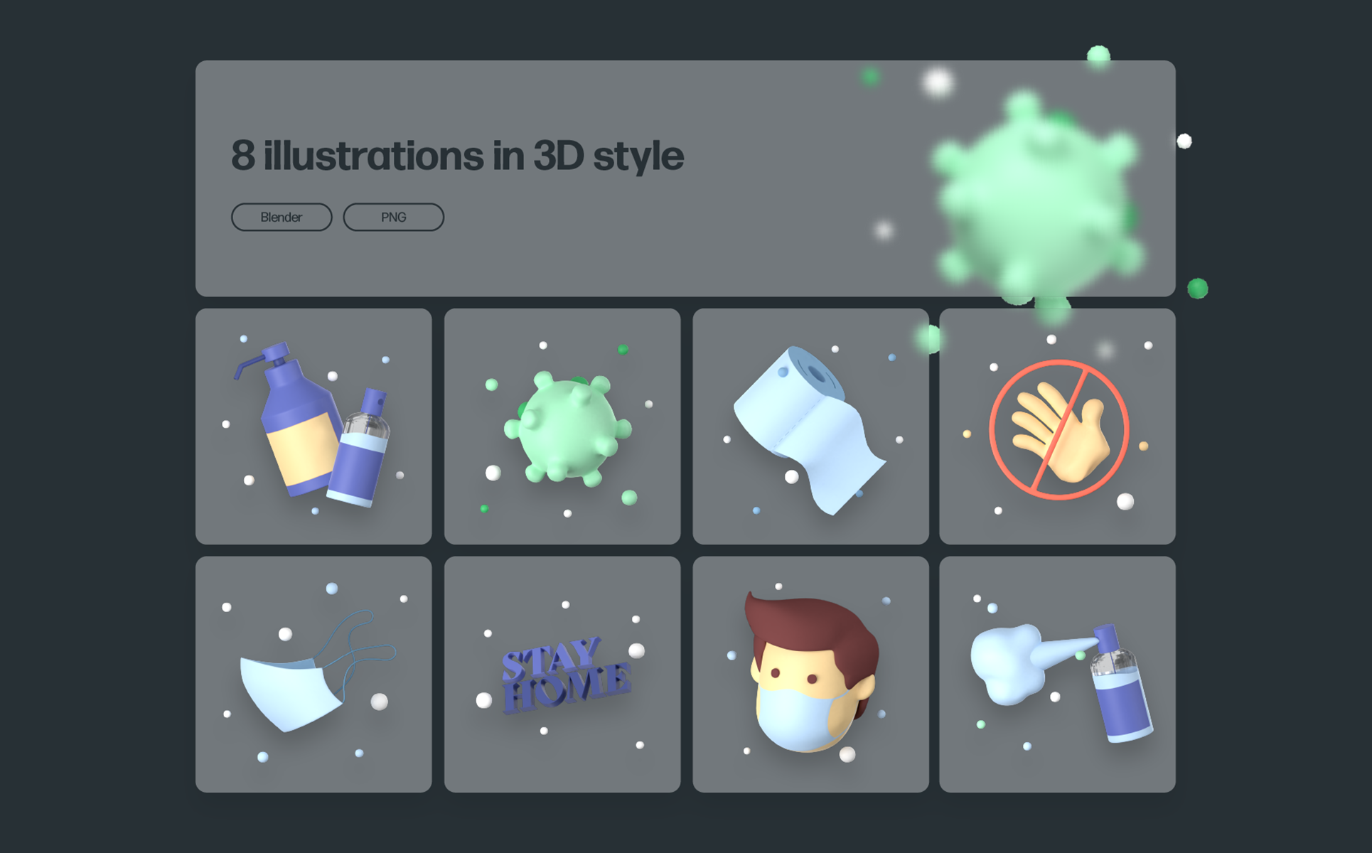 Download Иллюстрация "Coronavirus 3D Pack - Illustration" / Coronavirus 3D Pack - Illustration - Иллюстрация на тему графика blender,png,coronavirus,virus,medicine,mask,face,spray,bottle,hand,antiseptic,3d,illustrations,set,pack