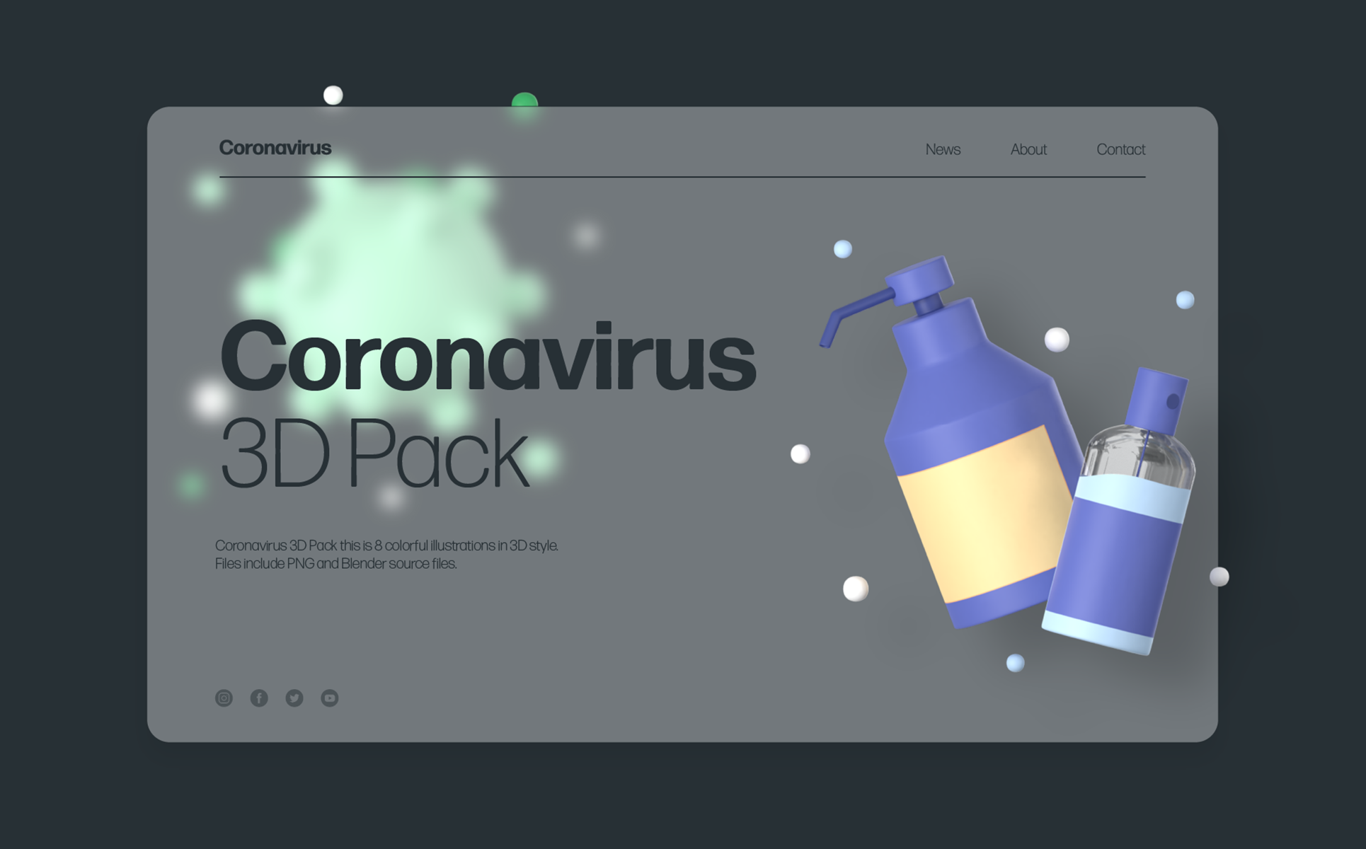 Download Иллюстрация "Coronavirus 3D Pack - Illustration" / Coronavirus 3D Pack - Illustration - Иллюстрация на тему графика blender,png,coronavirus,virus,medicine,mask,face,spray,bottle,hand,antiseptic,3d,illustrations,set,pack