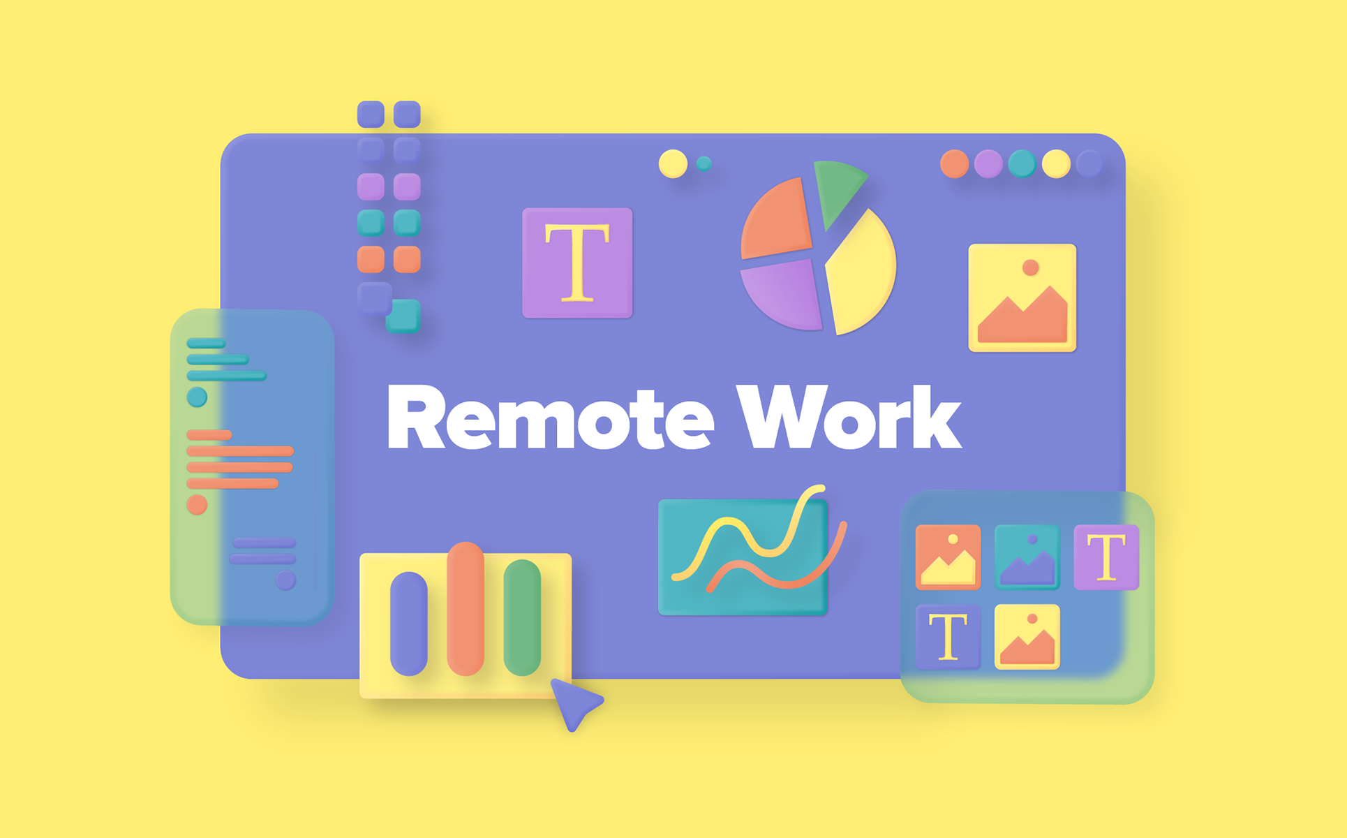 Download Иллюстрация "Remote Work - Illustration" / Remote Work - Illustration - Иллюстрация на тему графика remote,work,job,projects,outsource,ui,colorful,3d,set,pack,library,objects,chats,voices,collaboration,teamwork,file,sharing,video,conference