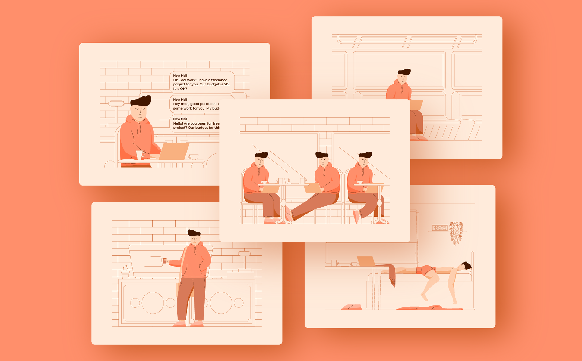 Download Иллюстрация "Freelance Guy Set - Illustration" / Freelance Guy Set - Illustration - Иллюстрация на тему графика character,design,illustrations,pack,set,freelance,guy,web,men,freelancer,project,work,ai,eps,png,svg