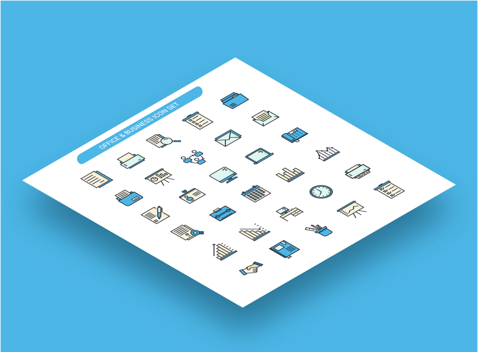 Download Набор иконок "Office and Business Icon Set" / Office and Business Icon Set - Набор иконок на тему графика business,office,documents,printer,folder,presentation,icon,work,desk,outline,filled,color,premium,icons,set
