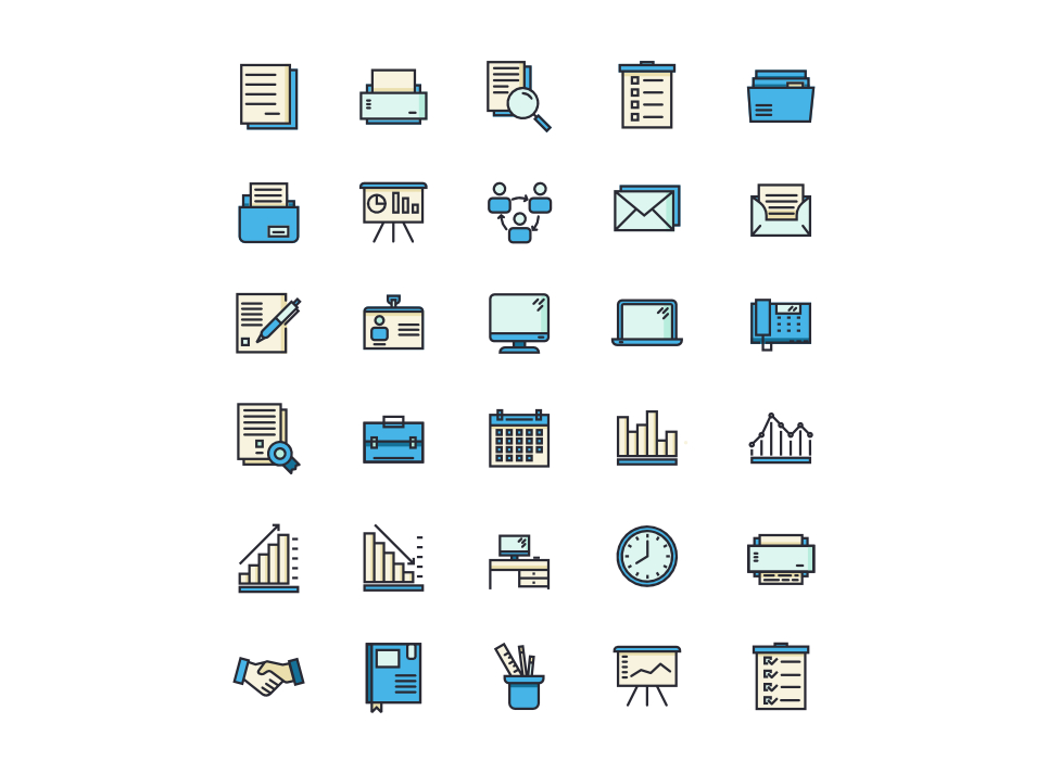 Download Набор иконок "Office and Business Icon Set" / Office and Business Icon Set - Набор иконок на тему графика business,office,documents,printer,folder,presentation,icon,work,desk,outline,filled,color,premium,icons,set