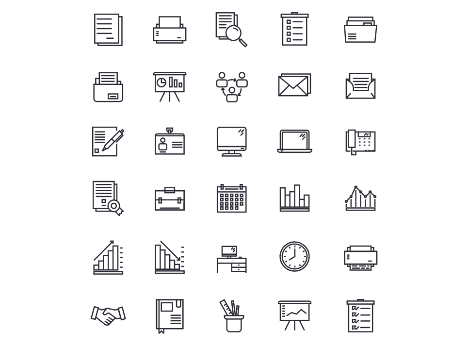 Download Набор иконок "Office and Business Icon Set" / Office and Business Icon Set - Набор иконок на тему графика business,office,documents,printer,folder,presentation,icon,work,desk,outline,filled,color,premium,icons,set