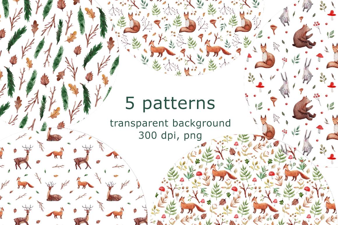 Download Иллюстрация "Forest Friends - Watercolor Clip Art - Illustration" / Forest Friends - Watercolor Clip Art - Illustration - Иллюстрация на тему графика watercolor,hand-drawn,clipart,pattern,seamless,animal,hare,rabbit,fox,bear,deer,forest,wood,floral,summer,autumn,twig,leaf,constructor,set