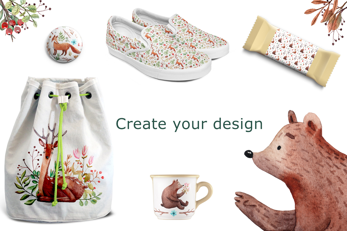 Download Иллюстрация "Forest Friends - Watercolor Clip Art - Illustration" / Forest Friends - Watercolor Clip Art - Illustration - Иллюстрация на тему графика watercolor,hand-drawn,clipart,pattern,seamless,animal,hare,rabbit,fox,bear,deer,forest,wood,floral,summer,autumn,twig,leaf,constructor,set