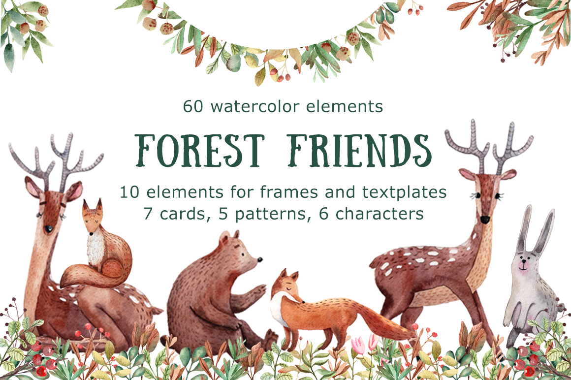 Download Иллюстрация "Forest Friends - Watercolor Clip Art - Illustration" / Forest Friends - Watercolor Clip Art - Illustration - Иллюстрация на тему графика watercolor,hand-drawn,clipart,pattern,seamless,animal,hare,rabbit,fox,bear,deer,forest,wood,floral,summer,autumn,twig,leaf,constructor,set