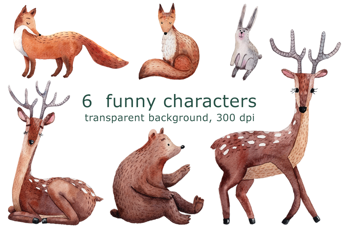 Download Иллюстрация "Forest Friends - Watercolor Clip Art - Illustration" / Forest Friends - Watercolor Clip Art - Illustration - Иллюстрация на тему графика watercolor,hand-drawn,clipart,pattern,seamless,animal,hare,rabbit,fox,bear,deer,forest,wood,floral,summer,autumn,twig,leaf,constructor,set