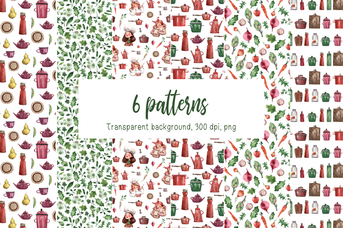 Download Иллюстрация "Tiny Kitchen - Watercolor Clip Art Set - Illustration" / Tiny Kitchen - Watercolor Clip Art Set - Illustration - Иллюстрация на тему графика watercolor,hand-drawn,clipart,constructor,set,pattern,seamless,character,woman,girl,food,kitchen,cook,cooking,kitchenware,fruit,vegetable,leaf,floral,wreath