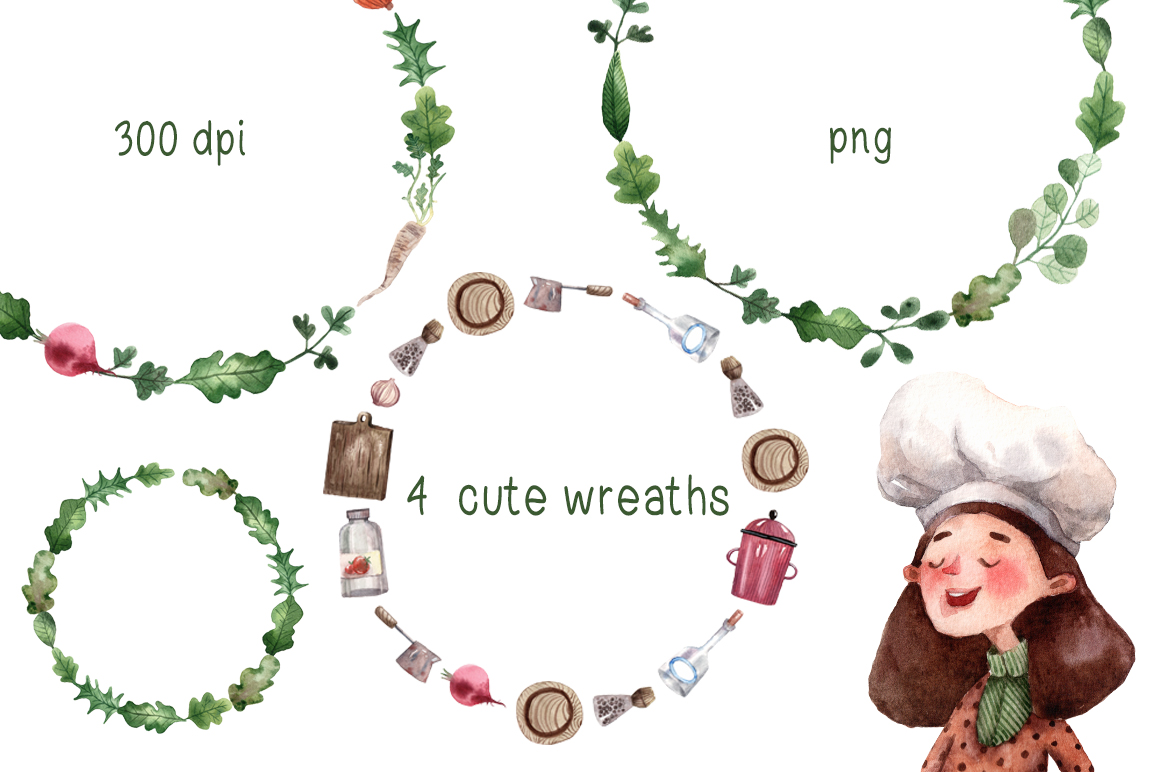 Download Иллюстрация "Tiny Kitchen - Watercolor Clip Art Set - Illustration" / Tiny Kitchen - Watercolor Clip Art Set - Illustration - Иллюстрация на тему графика watercolor,hand-drawn,clipart,constructor,set,pattern,seamless,character,woman,girl,food,kitchen,cook,cooking,kitchenware,fruit,vegetable,leaf,floral,wreath