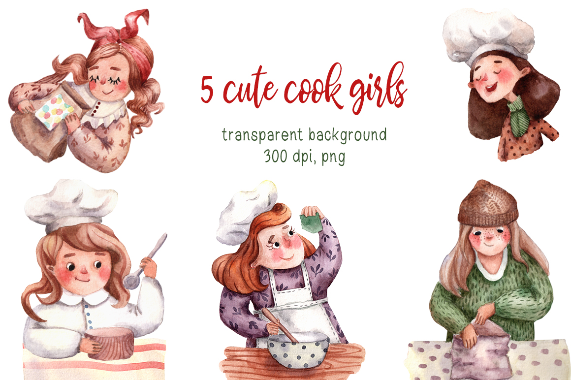 Download Иллюстрация "Tiny Kitchen - Watercolor Clip Art Set - Illustration" / Tiny Kitchen - Watercolor Clip Art Set - Illustration - Иллюстрация на тему графика watercolor,hand-drawn,clipart,constructor,set,pattern,seamless,character,woman,girl,food,kitchen,cook,cooking,kitchenware,fruit,vegetable,leaf,floral,wreath