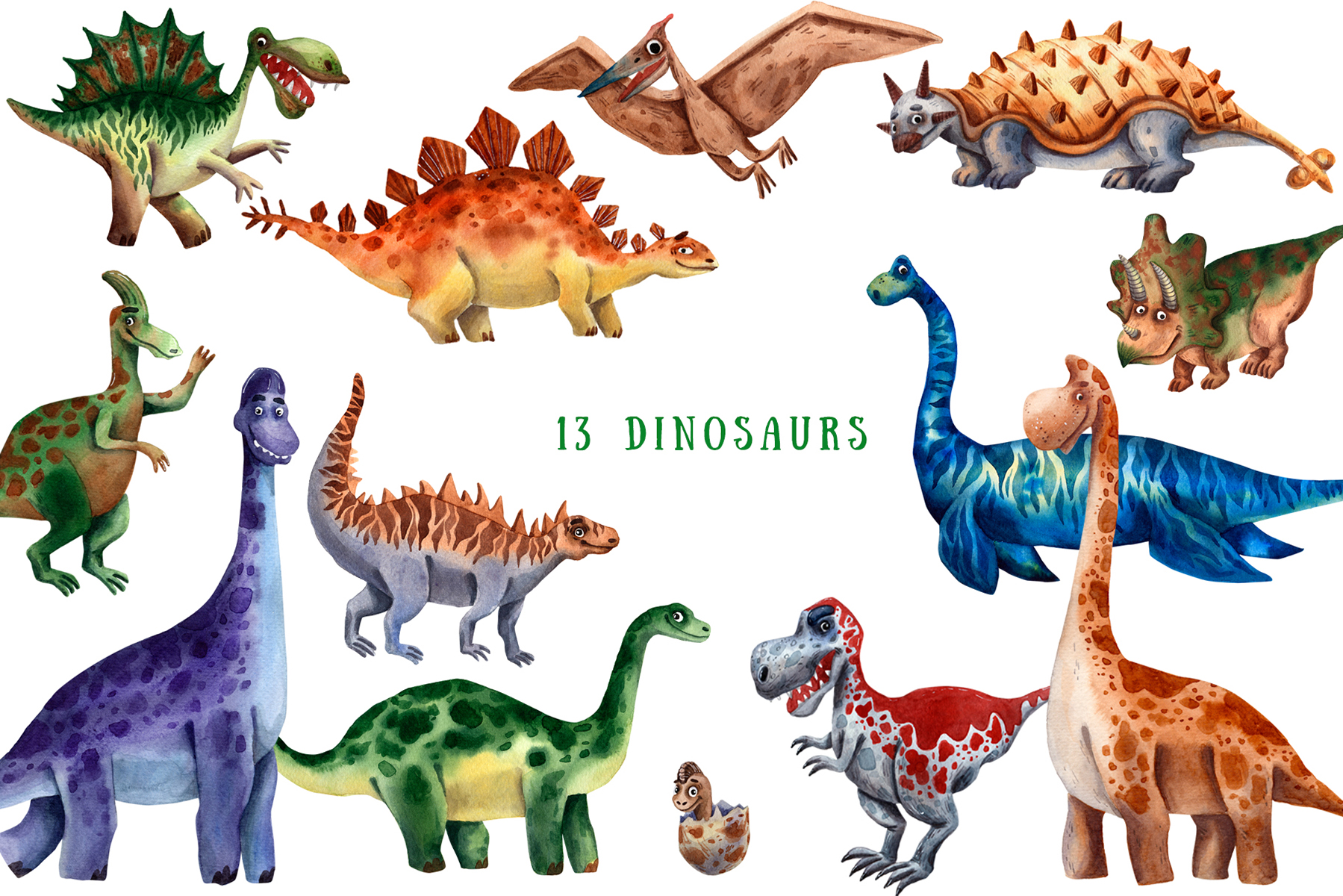 Download Иллюстрация "Dinosaurs and Friends - Watercolor Clip Art Set - Illustration" / Dinosaurs and Friends - Watercolor Clip Art Set - Illustration - Иллюстрация на тему графика watercolor,hand-drawn,clipart,pattern,seamless,dinosaur,ancient,fossil,egg,paleontology,prehistoric,diplodocus,pteranodon,triceratops,tiranosaur,spinosaurus,stegosaurus,shell,ammonite,floral