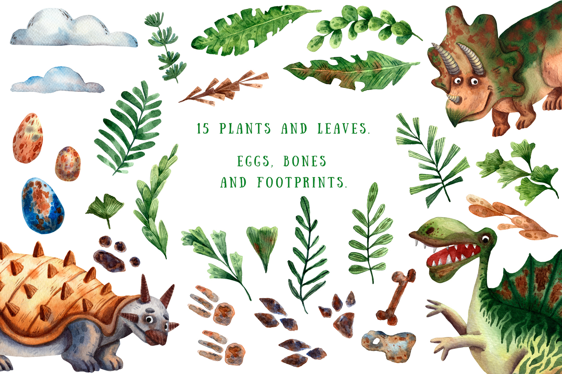 Download Иллюстрация "Dinosaurs and Friends - Watercolor Clip Art Set - Illustration" / Dinosaurs and Friends - Watercolor Clip Art Set - Illustration - Иллюстрация на тему графика watercolor,hand-drawn,clipart,pattern,seamless,dinosaur,ancient,fossil,egg,paleontology,prehistoric,diplodocus,pteranodon,triceratops,tiranosaur,spinosaurus,stegosaurus,shell,ammonite,floral