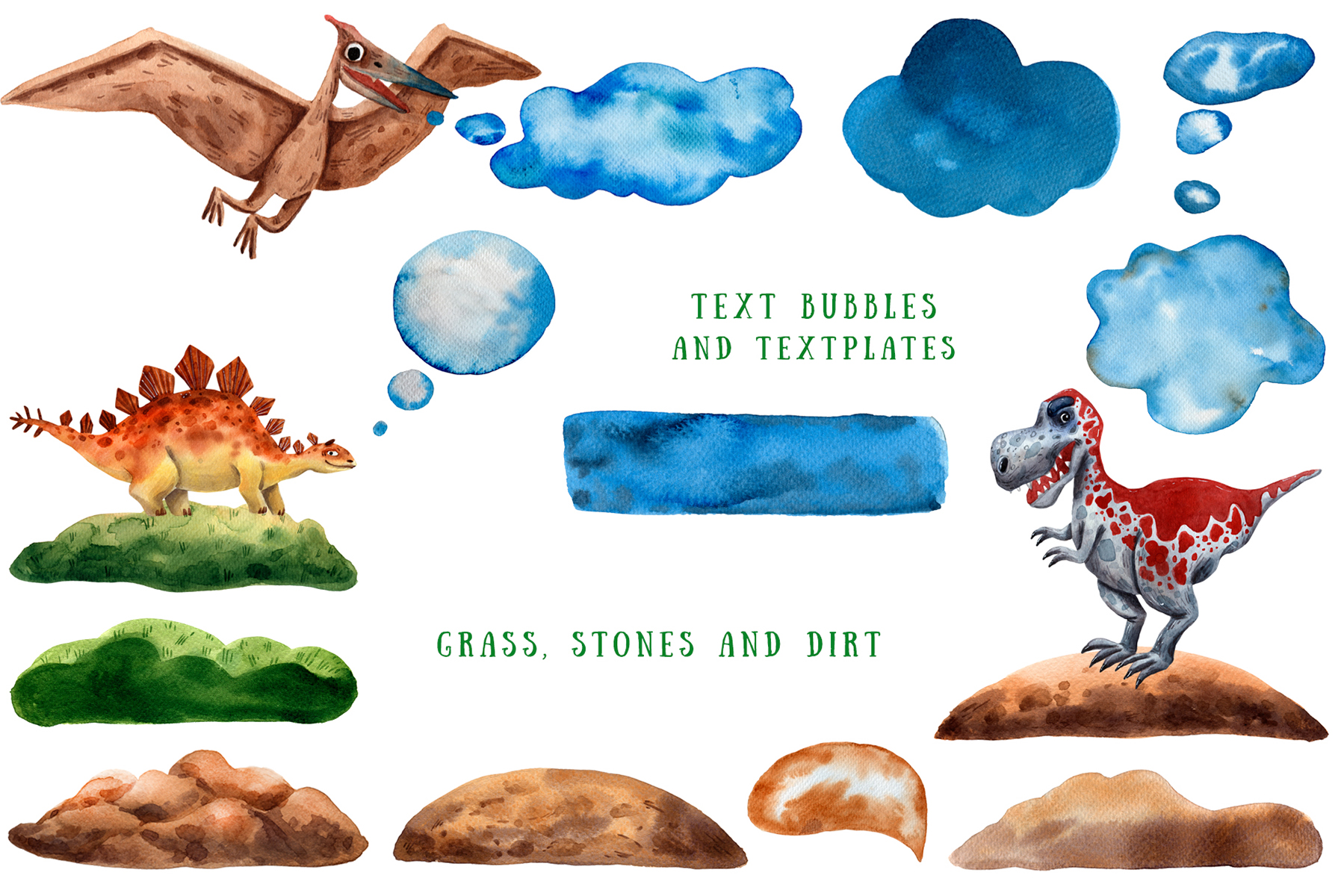 Download Иллюстрация "Dinosaurs and Friends - Watercolor Clip Art Set - Illustration" / Dinosaurs and Friends - Watercolor Clip Art Set - Illustration - Иллюстрация на тему графика watercolor,hand-drawn,clipart,pattern,seamless,dinosaur,ancient,fossil,egg,paleontology,prehistoric,diplodocus,pteranodon,triceratops,tiranosaur,spinosaurus,stegosaurus,shell,ammonite,floral