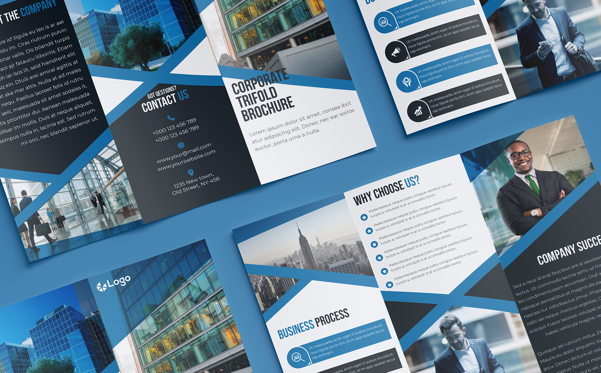 Download Фирменный стиль "Blue Trifold Brochure Design - Corporate Identity Template" / Blue Trifold Brochure Design - Corporate Identity Template - Фирменный стиль на тему графика brochure,publication,design,presentation,document,concept,template,trifold,promotion,leaflet,corporate,folder,print,marketing,creative,business,vector,company,tri-fold,catalogundefined