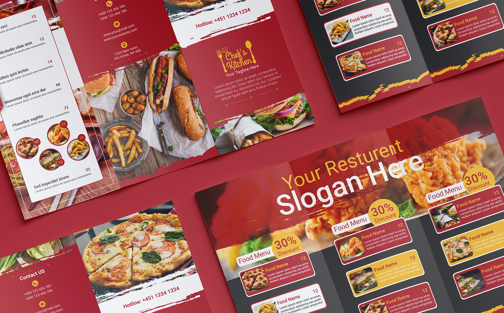 Download Фирменный стиль "Food/Restaurants Red Trifold Brochure - Corporate Identity Template" / Food/Restaurants Red Trifold Brochure - Corporate Identity Template - Фирменный стиль на тему графика brochure,design,presentation,concept,template,trifold,promotion,leaflet,corporate,folder,print,marketing,creative,business,vector,company,tri-fold,restaurants,food,menu