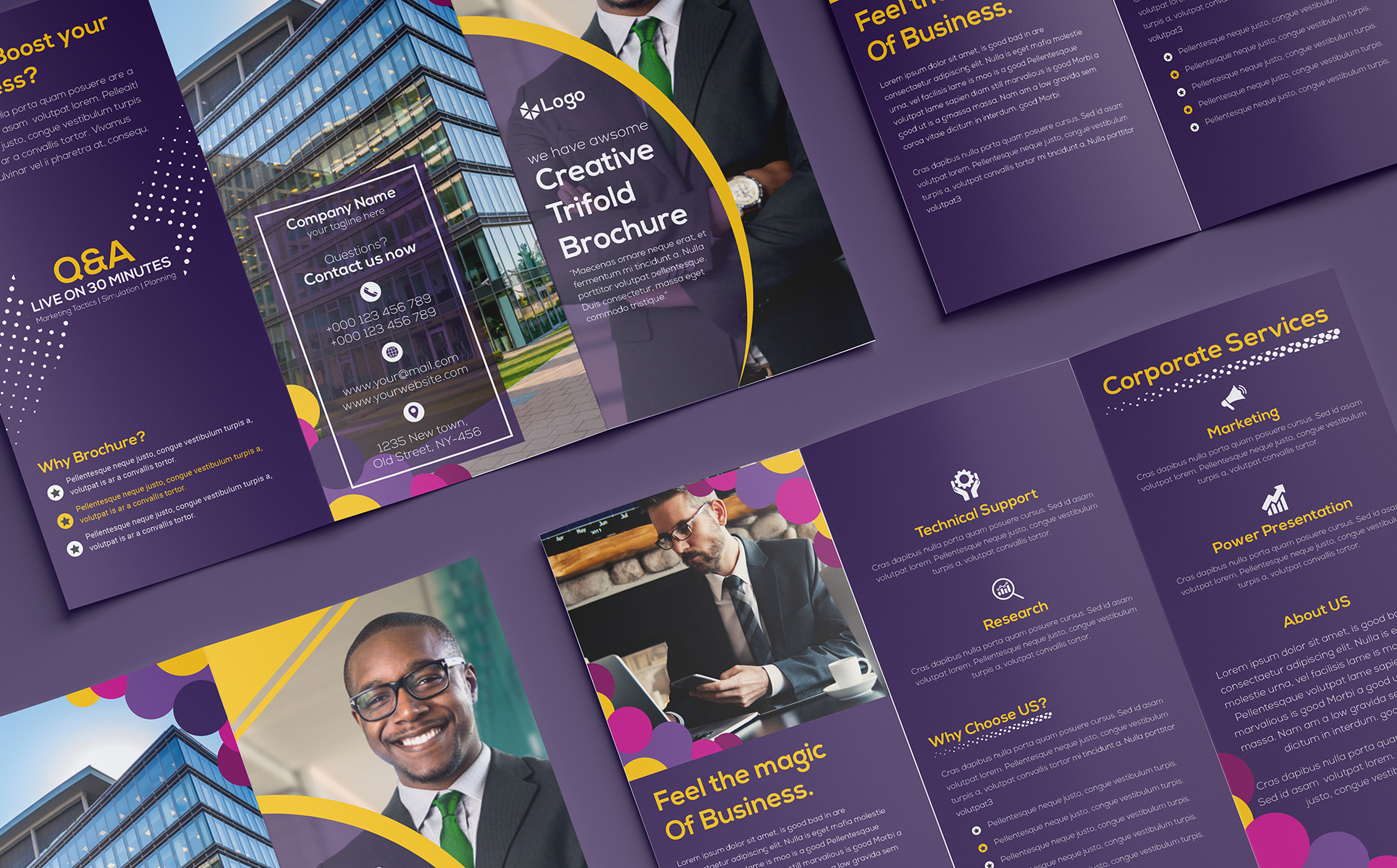 Download Фирменный стиль "Creative Dark Purple Trifold Brochure Design - Corporate Identity Template" / Creative Dark Purple Trifold Brochure Design - Corporate Identity Template - Фирменный стиль на тему графика concept,book,idea,trend,blank,template,trifold,promotion,leaflet,background,corporate,folder,print,marketing,creative,business,vector,company,tri-fold,purple