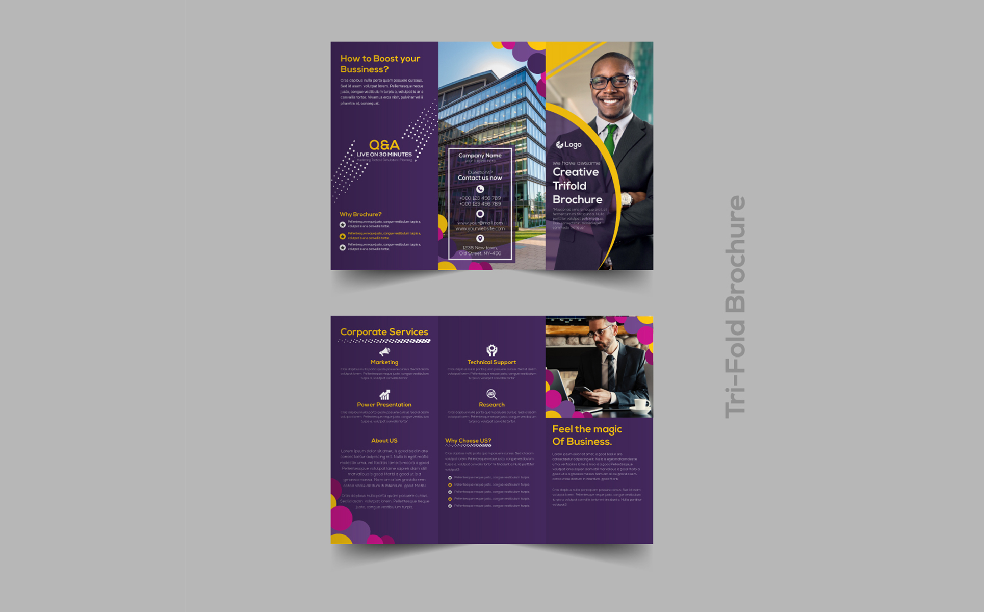 Download Фирменный стиль "Creative Dark Purple Trifold Brochure Design - Corporate Identity Template" / Creative Dark Purple Trifold Brochure Design - Corporate Identity Template - Фирменный стиль на тему графика concept,book,idea,trend,blank,template,trifold,promotion,leaflet,background,corporate,folder,print,marketing,creative,business,vector,company,tri-fold,purple