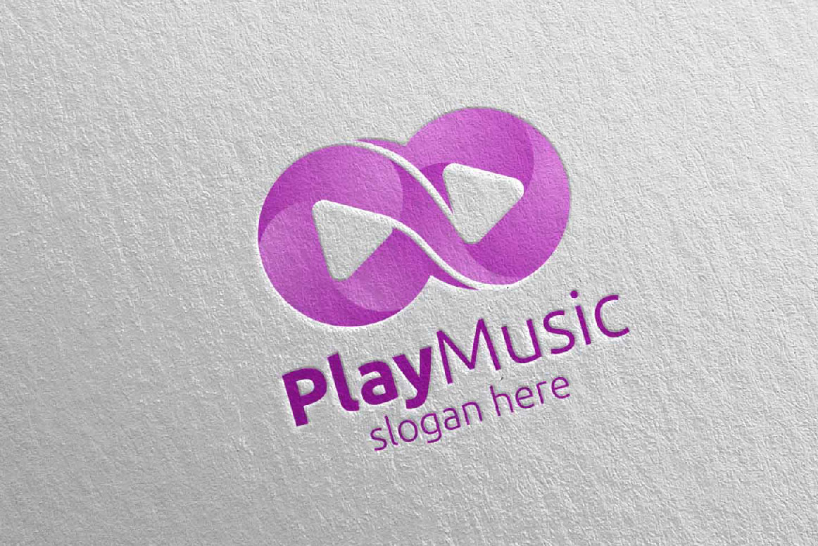 Download Шаблон логотипа "Music with Infinity and Play Concept 68 Logo Template" / Music with Infinity and Play Concept 68 Logo Template - Шаблон логотипа на тему графика music logo karaoke melody movie multimedia record voice singer note sound song play video volume audio vector compose disco infinity