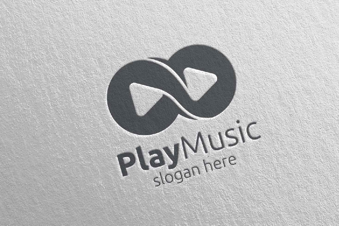 Download Шаблон логотипа "Music with Infinity and Play Concept 68 Logo Template" / Music with Infinity and Play Concept 68 Logo Template - Шаблон логотипа на тему графика music logo karaoke melody movie multimedia record voice singer note sound song play video volume audio vector compose disco infinity