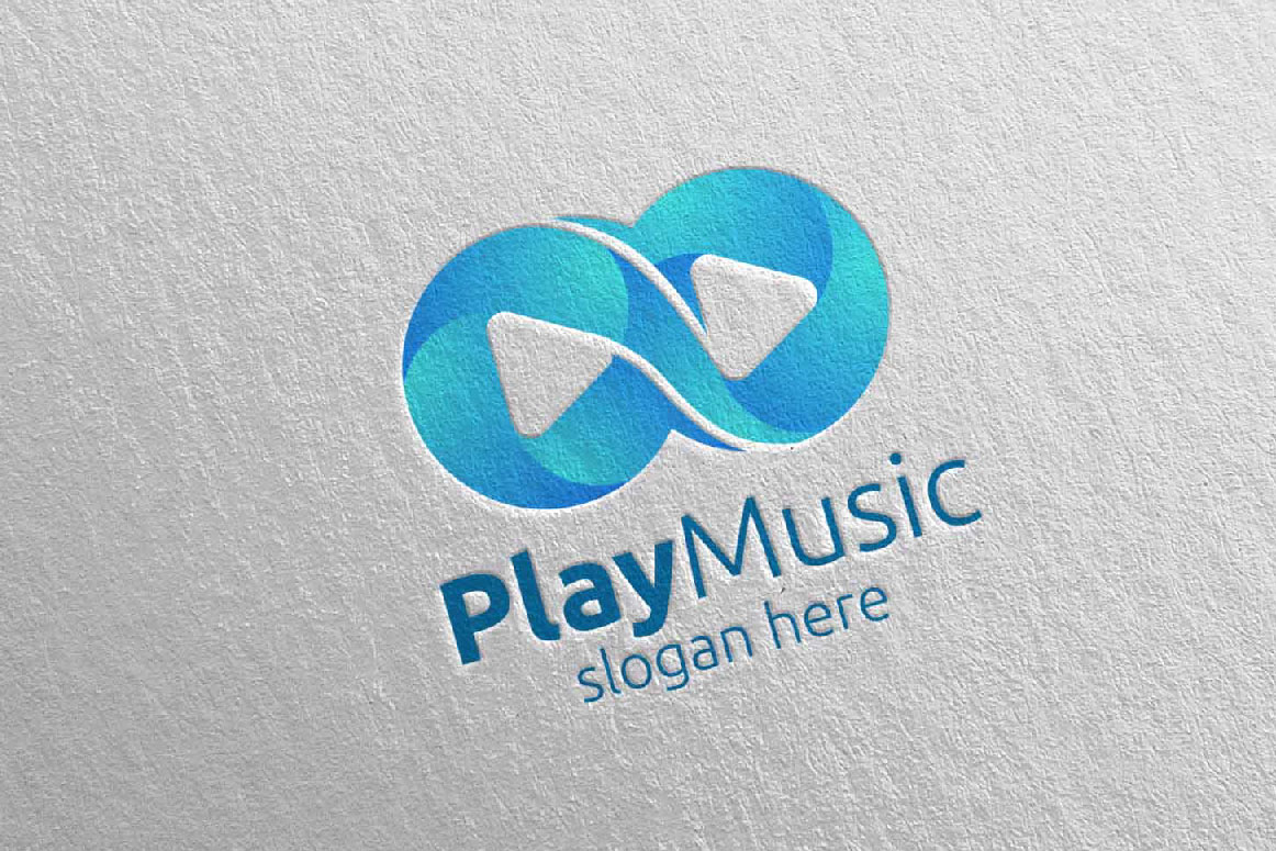 Download Шаблон логотипа "Music with Infinity and Play Concept 68 Logo Template" / Music with Infinity and Play Concept 68 Logo Template - Шаблон логотипа на тему графика music logo karaoke melody movie multimedia record voice singer note sound song play video volume audio vector compose disco infinity
