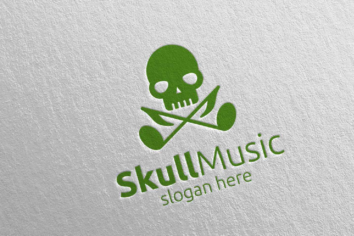 Download Шаблон логотипа "Skull Music  with Note and Skull Concept 76 Logo Template" / Skull Music  with Note and Skull Concept 76 Logo Template - Шаблон логотипа на тему графика music logo karaoke melody movie multimedia record voice singer note sound song play video volume audio vector compose disco skull